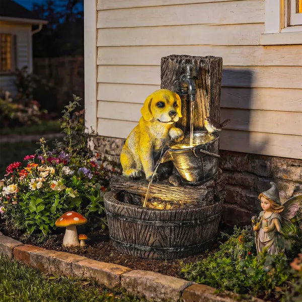 Outsunny 22 Inch Outdoor Fountain with 3-Tier Puppy Theme, Resin Garden Fountain with LED Lights, Adjustable Flow, Rustic Brown - product image 2