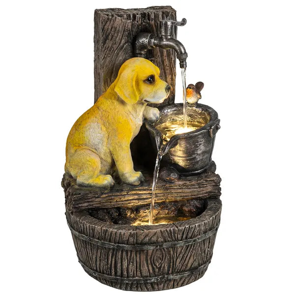 Outsunny 22 Inch Outdoor Fountain with 3-Tier Puppy Theme, Resin Garden Fountain with LED Lights, Adjustable Flow, Rustic Brown - product image 1