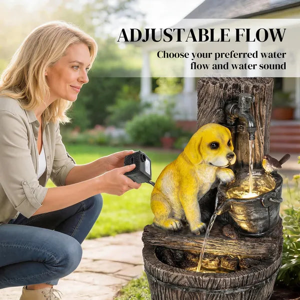 Outsunny 22 Inch Outdoor Fountain with 3-Tier Puppy Theme, Resin Garden Fountain with LED Lights, Adjustable Flow, Rustic Brown - product image 6