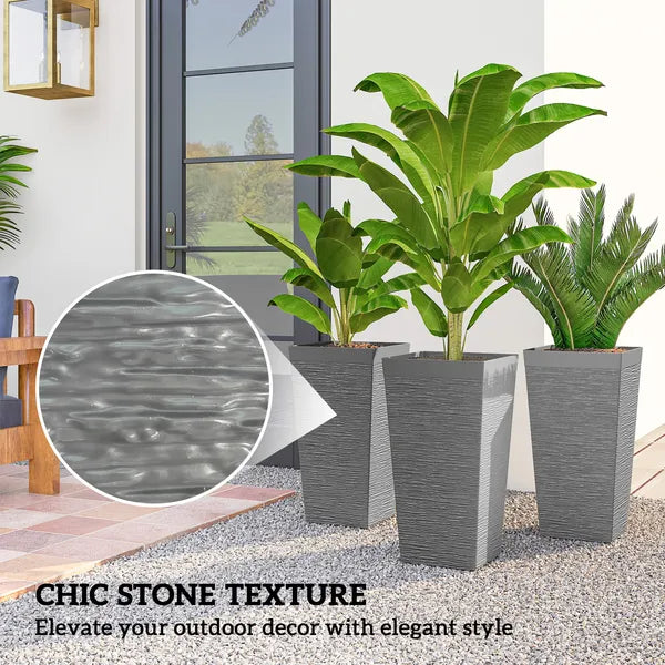 Outsunny 22.8 Inch Set of 3 Outdoor Planters with Stone Finish and Wheels, Stackable Tapered Planters with Drainage Hole, Gray - product image 5