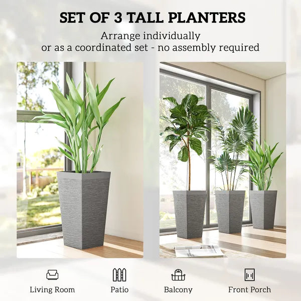 Outsunny 22.8 Inch Set of 3 Outdoor Planters with Stone Finish and Wheels, Stackable Tapered Planters with Drainage Hole, Gray - product image 4