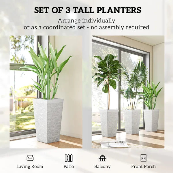 22.8 Inch Set of 3 Outdoor Planters with Stone Finish and Wheels, Stackable Tapered Planters with Drainage Hole, White - product image 4