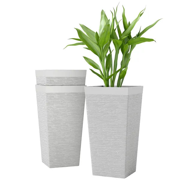 22.8 Inch Set of 3 Outdoor Planters with Stone Finish and Wheels, Stackable Tapered Planters with Drainage Hole, White - product image 11