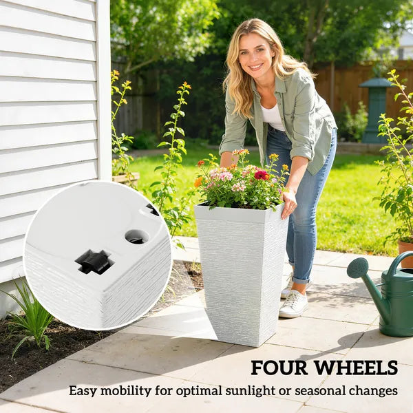 22.8 Inch Set of 3 Outdoor Planters with Stone Finish and Wheels, Stackable Tapered Planters with Drainage Hole, White - product image 7