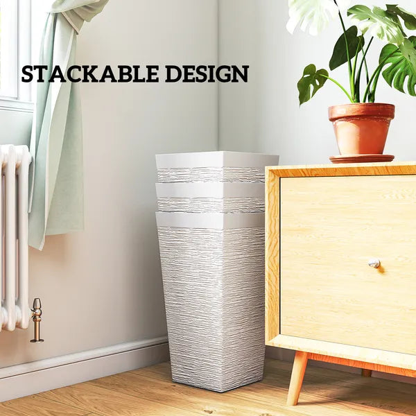 22.8 Inch Set of 3 Outdoor Planters with Stone Finish and Wheels, Stackable Tapered Planters with Drainage Hole, White - product image 9