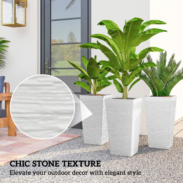22.8 Inch Set of 3 Outdoor Planters with Stone Finish and Wheels, Stackable Tapered Planters with Drainage Hole, White - product image 5