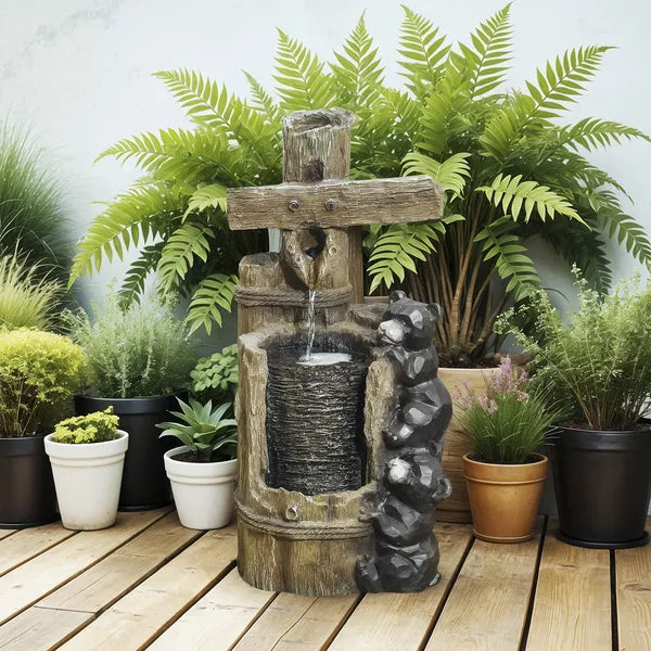 Outsunny 22.8 Inch Water Fountain, 3-Tier Resin Bears on Log Outdoor Waterfall Fountain with LED Lights, Pump - product image 2