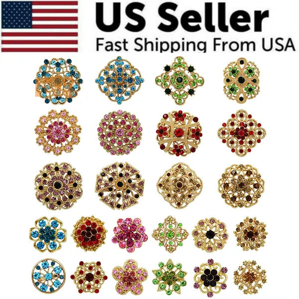 24 Piece Vintage Style Rhinestone Crystal Brooch Pin Set for DIY Bouquets