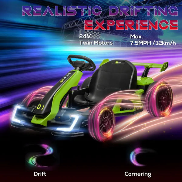 Aosom 24V 7.5 MPH Kids Go Kart Electric Drift Kart with Adjustable Seat, Children Playing Pedal Kart Toy, Slow Start, Green - product image 4