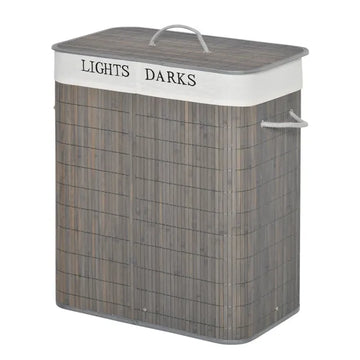 26.4-Gals Bamboo Laundry Hamper with Lid and Handles, 2-Section Collapsible Laundry Basket, Gray - product image 1
