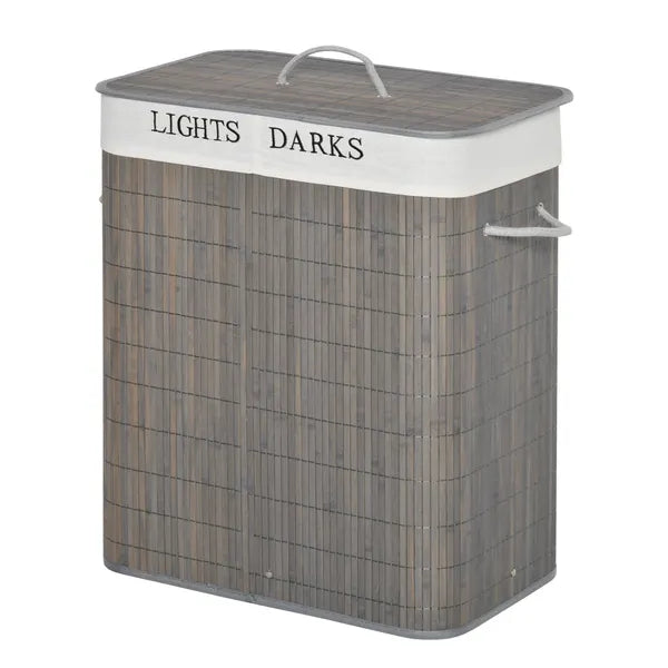 26.4-Gals Bamboo Laundry Hamper with Lid and Handles, 2-Section Collapsible Laundry Basket, Gray - product image 1