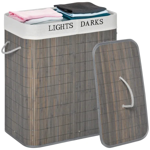 26.4-Gals Bamboo Laundry Hamper with Lid and Handles, 2-Section Collapsible Laundry Basket, Gray - product image 11