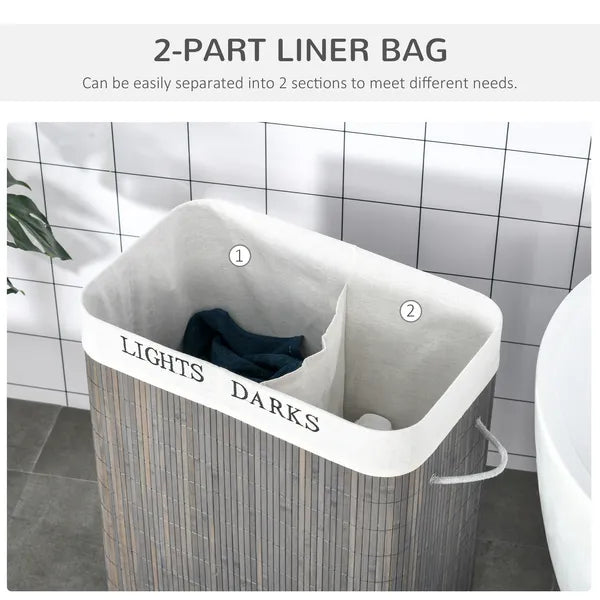 26.4-Gals Bamboo Laundry Hamper with Lid and Handles, 2-Section Collapsible Laundry Basket, Gray - product image 5