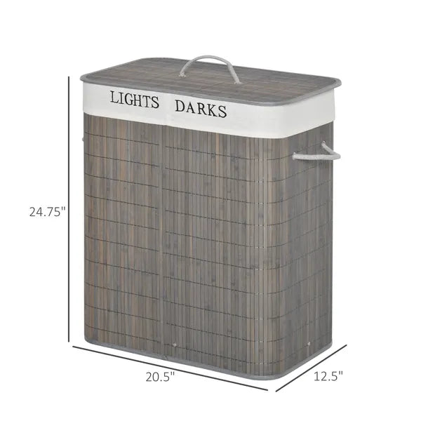 26.4-Gals Bamboo Laundry Hamper with Lid and Handles, 2-Section Collapsible Laundry Basket, Gray - product image 3