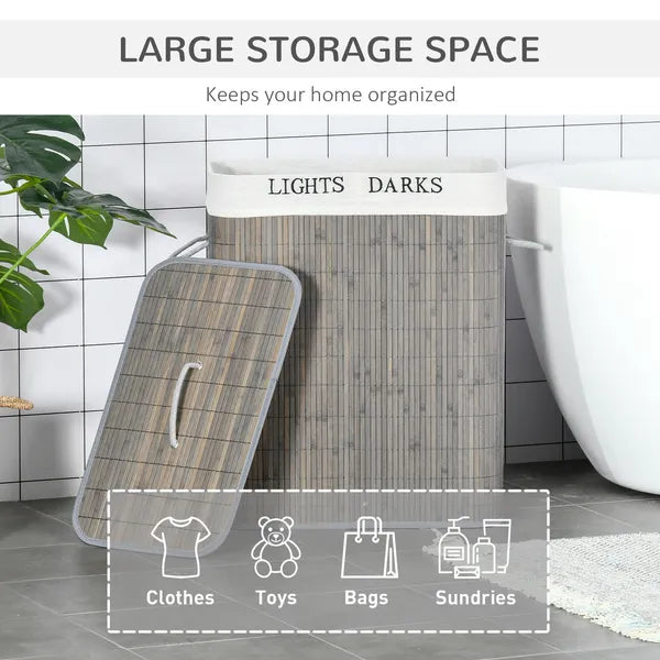 26.4-Gals Bamboo Laundry Hamper with Lid and Handles, 2-Section Collapsible Laundry Basket, Gray - product image 4