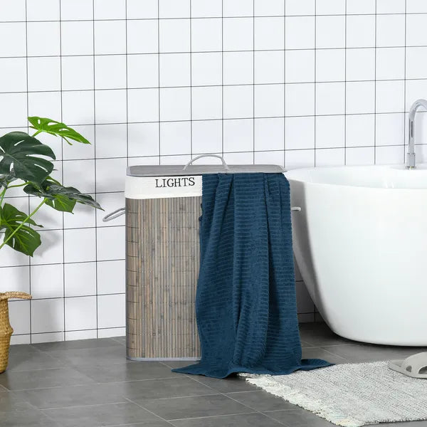 26.4-Gals Bamboo Laundry Hamper with Lid and Handles, 2-Section Collapsible Laundry Basket, Gray - product image 8