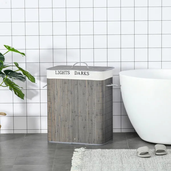 26.4-Gals Bamboo Laundry Hamper with Lid and Handles, 2-Section Collapsible Laundry Basket, Gray - product image 2