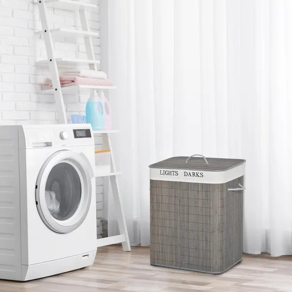 26.4-Gals Bamboo Laundry Hamper with Lid and Handles, 2-Section Collapsible Laundry Basket, Gray - product image 10