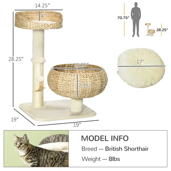 PawHut 28" Elevated Cat Bed with Sisal Scratching Post for Indoor Kitties, Modern Cat Tree with Cute Basket Design, Small Cat Tree with Fun Ball Toy - product image 3