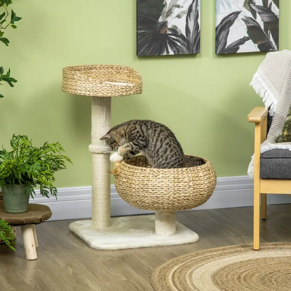 PawHut 28" Elevated Cat Bed with Sisal Scratching Post for Indoor Kitties, Modern Cat Tree with Cute Basket Design, Small Cat Tree with Fun Ball Toy - product image 2