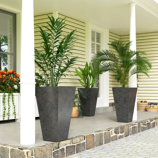 Outsunny 28" Tall Planters, Set of 3 Plastic Flower Pots with Marble Finish and Drainage Holes, Stackable Taper Planters, Black - product image 2