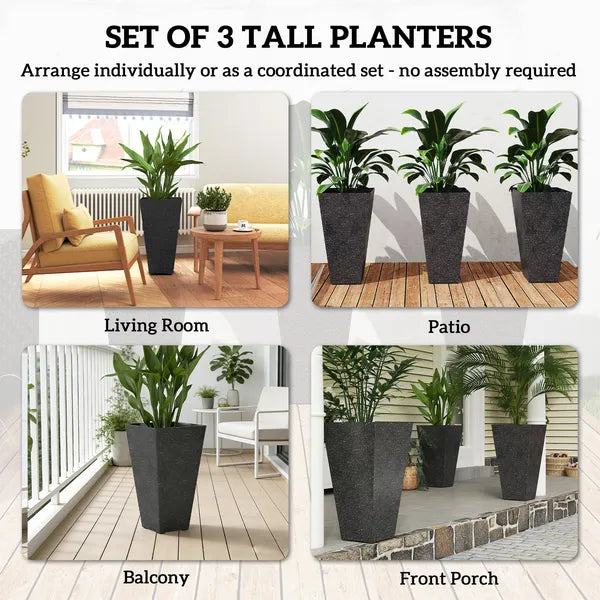Outsunny 28" Tall Planters, Set of 3 Plastic Flower Pots with Marble Finish and Drainage Holes, Stackable Taper Planters, Black - product image 4