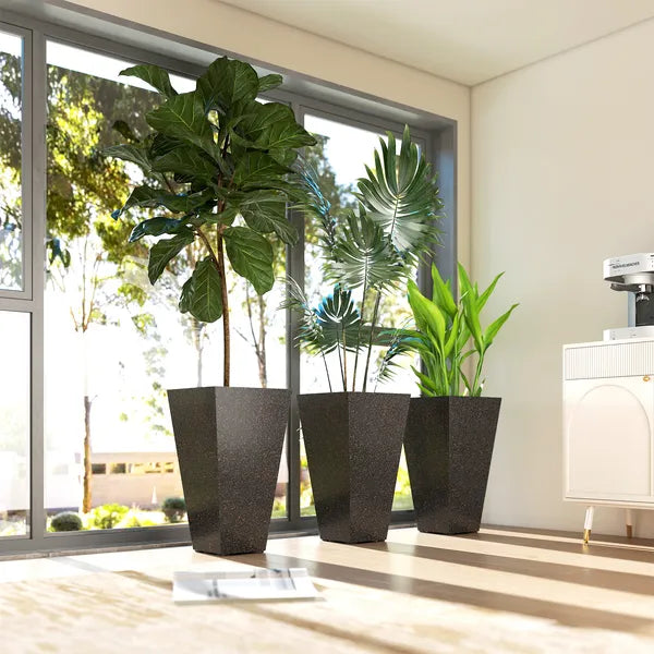 Outsunny 28 Inch Tall Planters, Set of 3 Plastic Flower Pots with Marble Finish and Drainage Holes, Stackable Taper Planters, Brown - product image 9