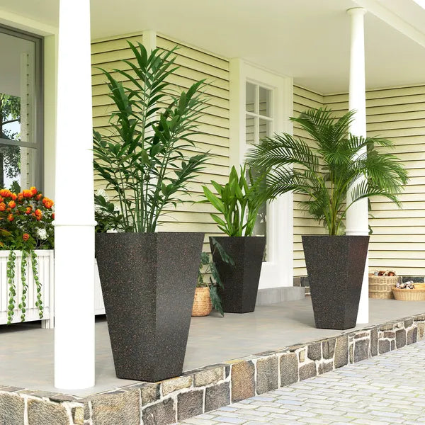 Outsunny 28 Inch Tall Planters, Set of 3 Plastic Flower Pots with Marble Finish and Drainage Holes, Stackable Taper Planters, Brown - product image 2