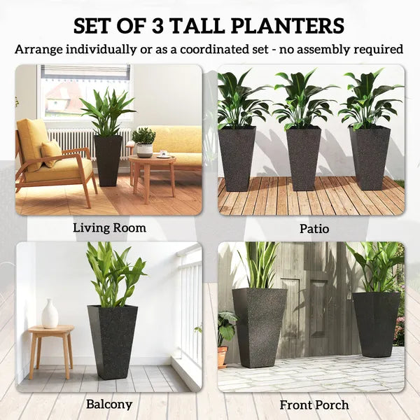 Outsunny 28 Inch Tall Planters, Set of 3 Plastic Flower Pots with Marble Finish and Drainage Holes, Stackable Taper Planters, Brown - product image 4