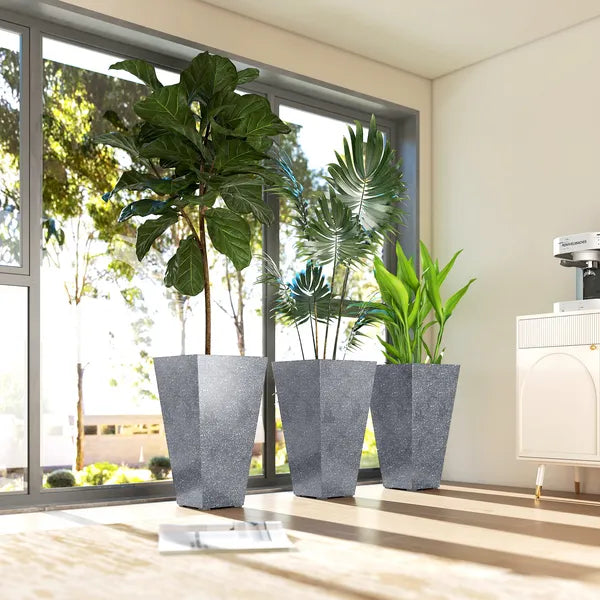 Outsunny 28" Tall Planters, Set of 3 Plastic Flower Pots with Marble Finish and Drainage Holes, Stackable Taper Planters, Gray - product image 9