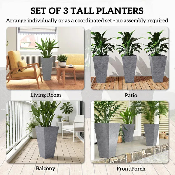Outsunny 28" Tall Planters, Set of 3 Plastic Flower Pots with Marble Finish and Drainage Holes, Stackable Taper Planters, Gray - product image 4