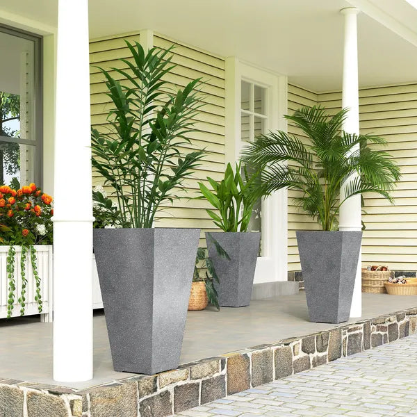Outsunny 28" Tall Planters, Set of 3 Plastic Flower Pots with Marble Finish and Drainage Holes, Stackable Taper Planters, Gray - product image 2
