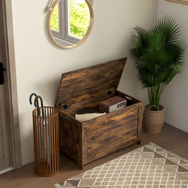 29.9" Wooden Storage Trunk Rustic Brown with 2 Safety Hinges Side Handles Storage Chest for Playroom - product image 2