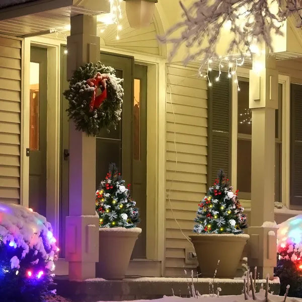 HOMCOM 2ft 2-Pack Outdoor Entryway Pre-Lit Artificial Christmas Tree Cordless with 70 Branches, LED lights, Red Berries, Pine Cones and Balls, Green - product image 10