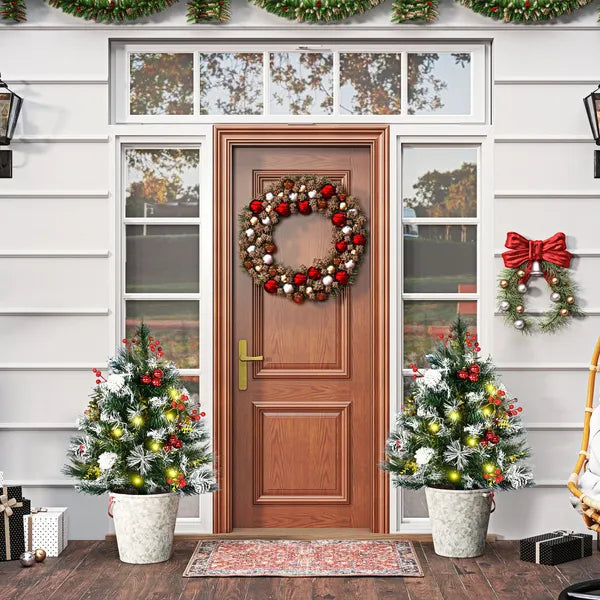 HOMCOM 2ft 2-Pack Outdoor Entryway Pre-Lit Artificial Christmas Tree Cordless with 70 Branches, LED lights, Red Berries, Pine Cones and Balls, Green - product image 2