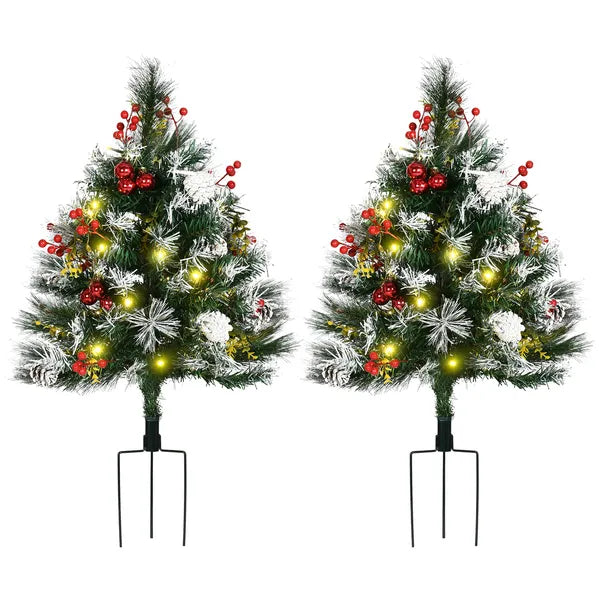 HOMCOM 2ft 2-Pack Outdoor Entryway Pre-Lit Artificial Christmas Tree Cordless with 70 Branches, LED lights, Red Berries, Pine Cones and Balls, Green - product image 11