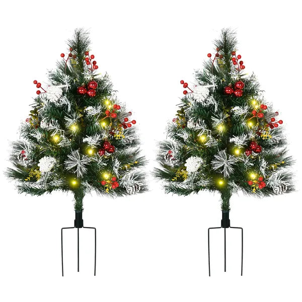 HOMCOM 2ft 2-Pack Outdoor Entryway Pre-Lit Artificial Christmas Tree Cordless with 70 Branches, LED lights, Red Berries, Pine Cones and Balls, Green - product image 1