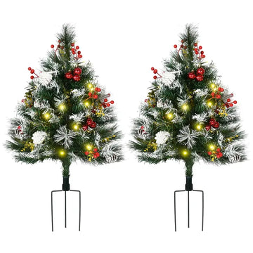 HOMCOM 2ft 2-Pack Outdoor Entryway Pre-Lit Artificial Christmas Tree Cordless with 70 Branches, LED lights, Red Berries, Pine Cones and Balls, Green - product image 1