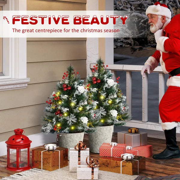 HOMCOM 2ft 2-Pack Outdoor Entryway Pre-Lit Artificial Christmas Tree Cordless with 70 Branches, LED lights, Red Berries, Pine Cones and Balls, Green - product image 4