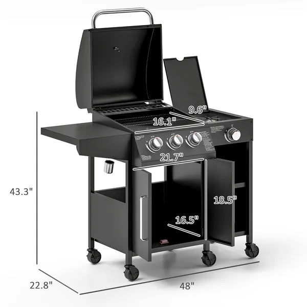 3 Burner Propane Gas Grill with Side Burner Barbecue Grill with Shelves, 37,000 BTU Output, 310 sq.in. Cooking Area - product image 3