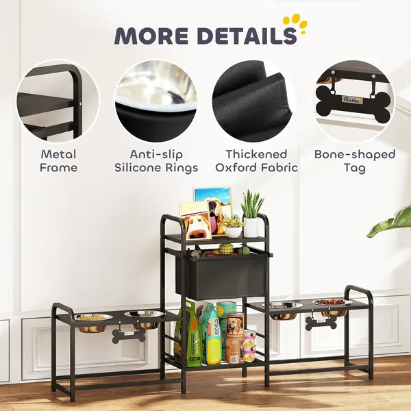 3 Height Adjustable Dog Bowl Stand with 2 Feeding Stations, Toy Bin Basket, Black - product image 8
