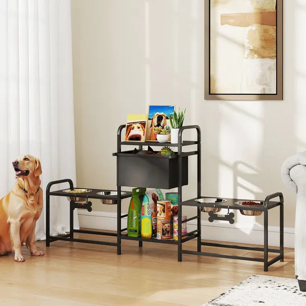 3 Height Adjustable Dog Bowl Stand with 2 Feeding Stations, Toy Bin Basket, Black - product image 10