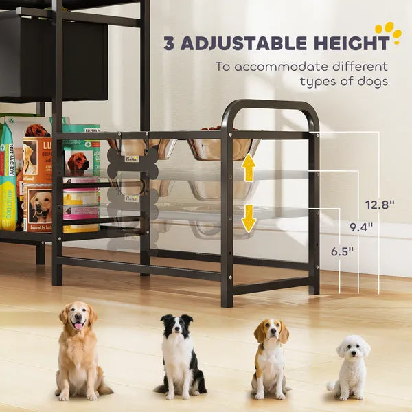 3 Height Adjustable Dog Bowl Stand with 2 Feeding Stations, Toy Bin Basket, Black - product image 5