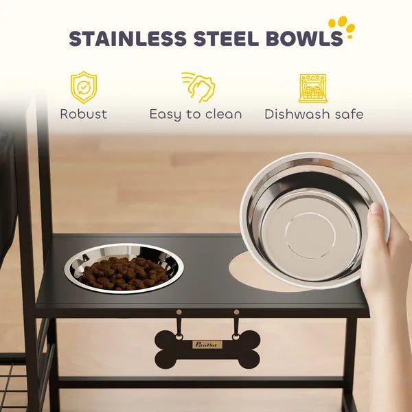3 Height Adjustable Dog Bowl Stand with 2 Feeding Stations, Toy Bin Basket, Black - product image 7