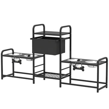 3 Height Adjustable Dog Bowl Stand with 2 Feeding Stations, Toy Bin Basket, Black - product image 1