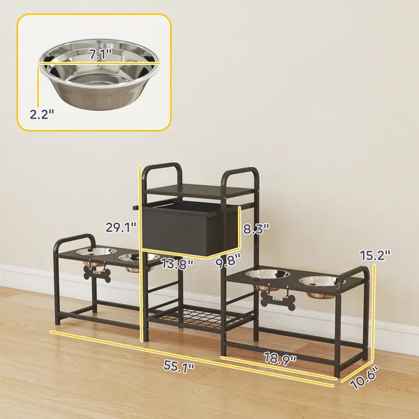 3 Height Adjustable Dog Bowl Stand with 2 Feeding Stations, Toy Bin Basket, Black - product image 3