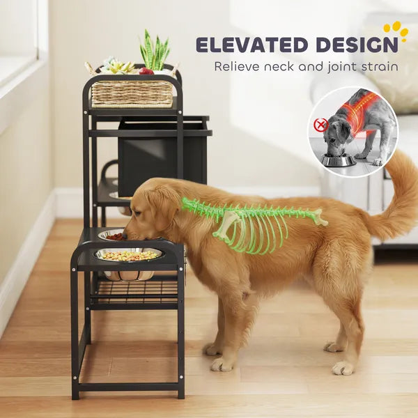 3 Height Adjustable Dog Bowl Stand with 2 Feeding Stations, Toy Bin Basket, Black - product image 6