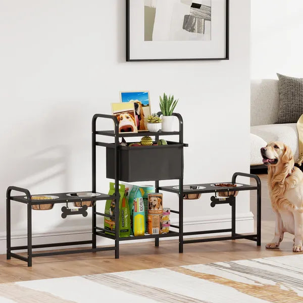 3 Height Adjustable Dog Bowl Stand with 2 Feeding Stations, Toy Bin Basket, Black - product image 2