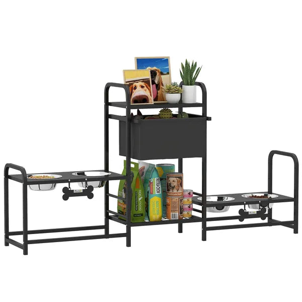 3 Height Adjustable Dog Bowl Stand with 2 Feeding Stations, Toy Bin Basket, Black - product image 11