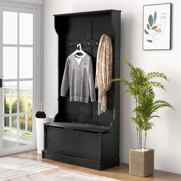 HOMCOM 3-In-1 Entryway Bench with Coat Rack, Hall Tree with Bench and Shoe Storage, 5 Hooks for Hallway - product image 2